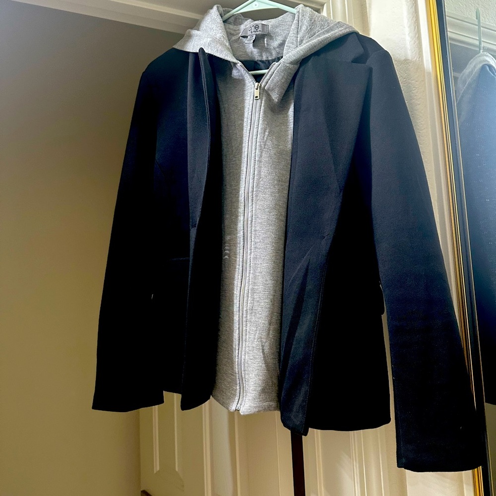 Black blazer, gray hoodie, combo jacket